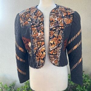 Vintage Marie quilted bolero style jacket abstract design browns & black Sz M.